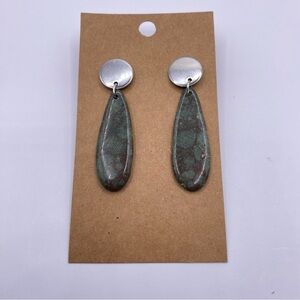 Green & Burgundy Llanite  Hanging Tear Drop Studded Disc Closure Earrings